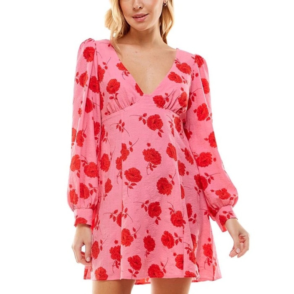 Crystal Doll V-Neck A-Line Pink Floral Mini Dress